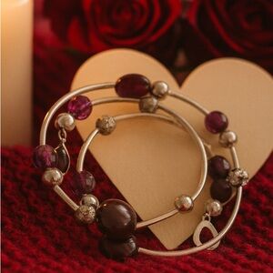 Women's Purple & Silver Beaded Flexible Wrap Around Rhinestone‎ Charm Bracelet
